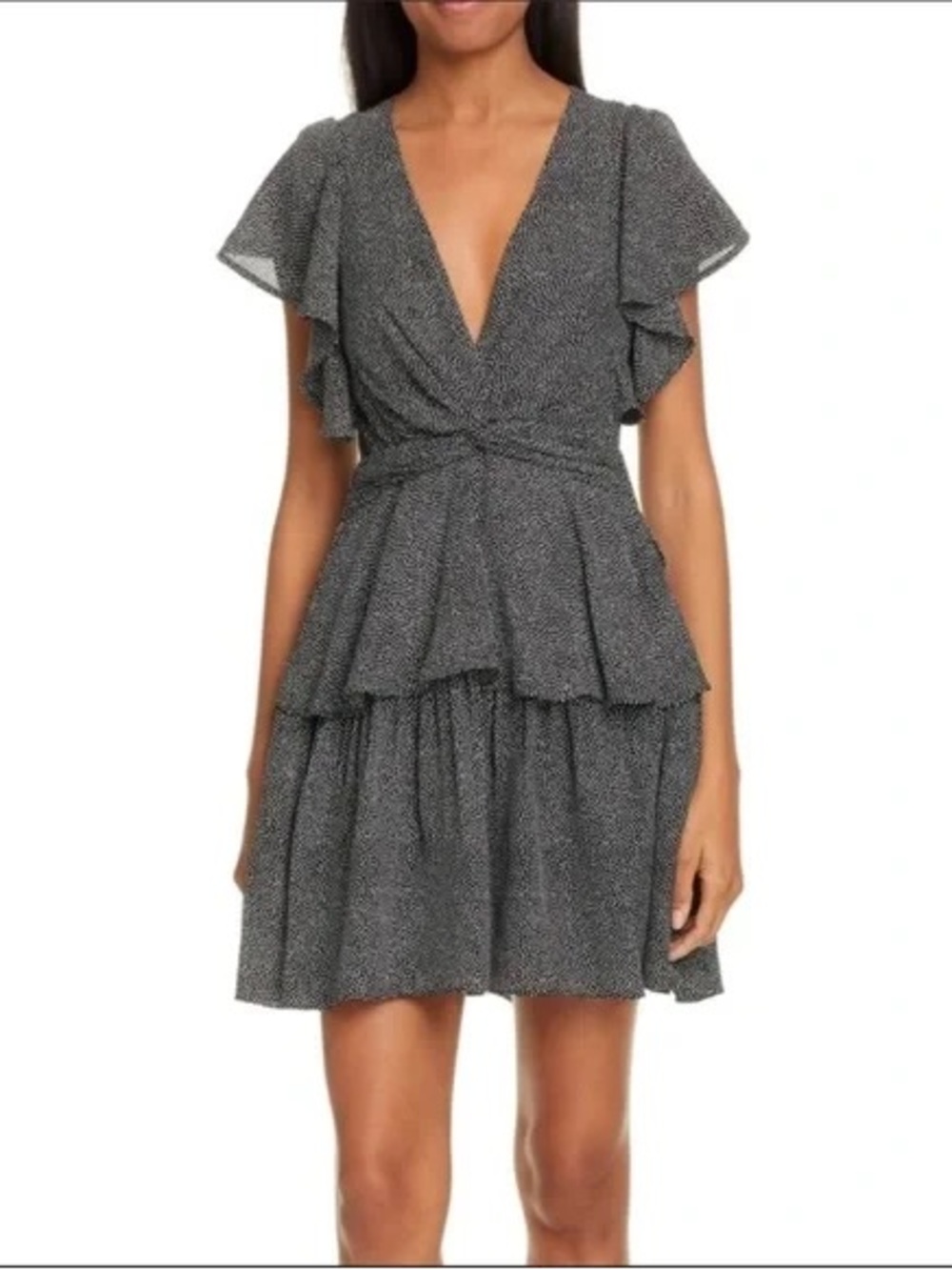 A.L.C. Black Speckle V‑Neck Tiered Mini Dress